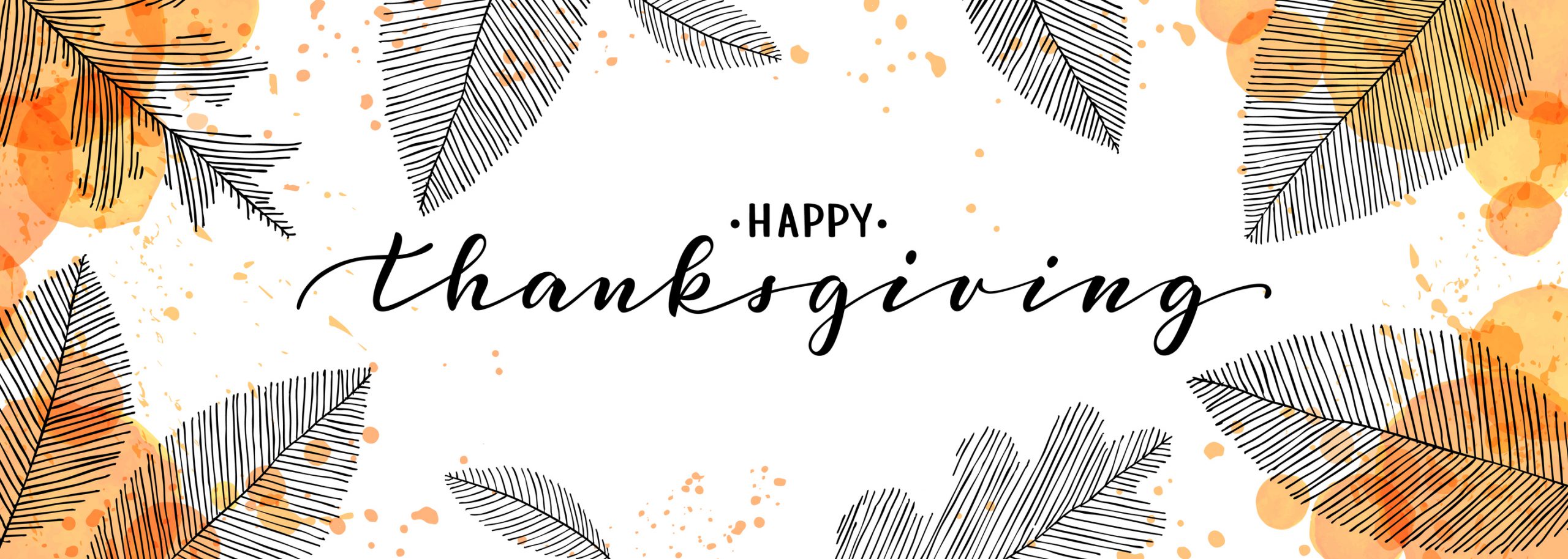 happy thanksgiving brush pen lettering. watercolor splash and linear leaves background. design holiday greeting card and invitation of seasonal american and canadian autumn holiday.